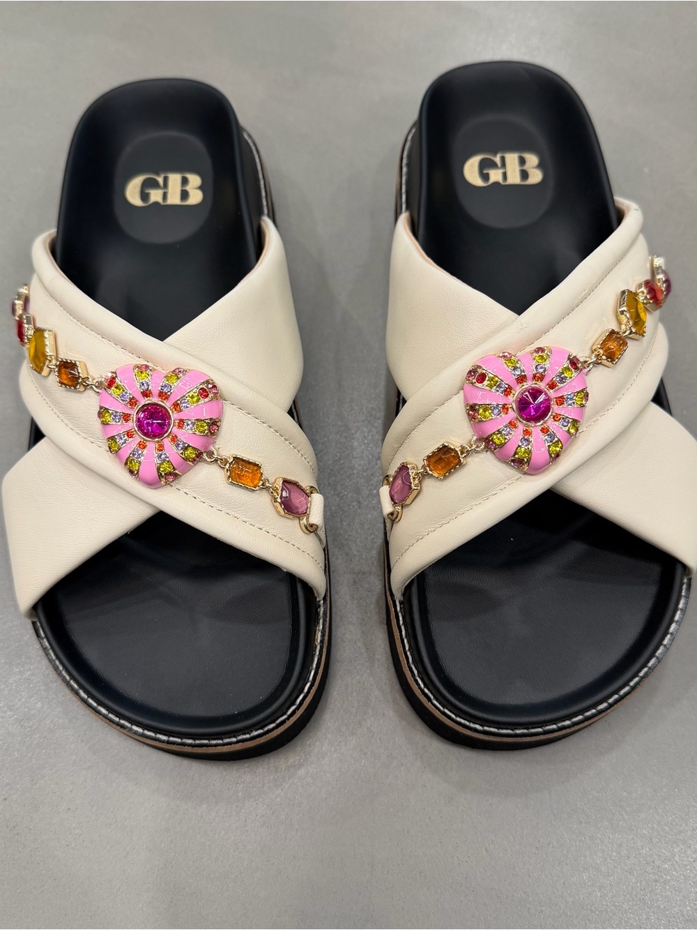 Gianni Bini White and Pink Embellished Sandals heart Rhinestone chain slide on
